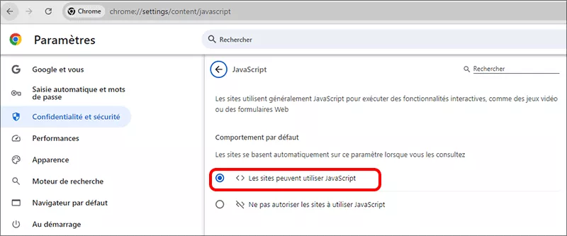 activer les sites peuvent utiliser javascript