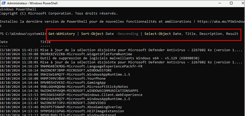 afficher l'historique des mises à jour dans powershell