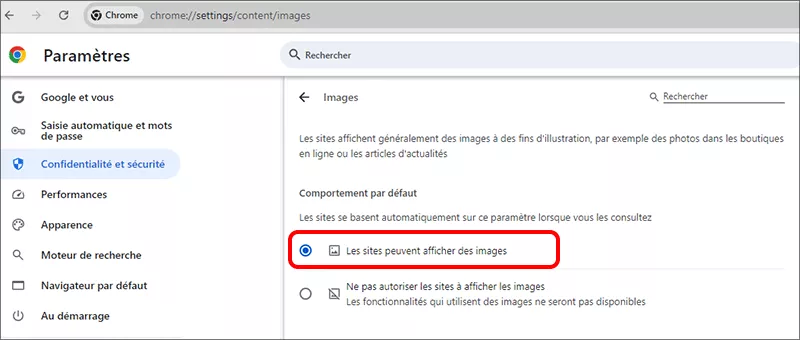 basculer sur les sites pouvant afficher des images