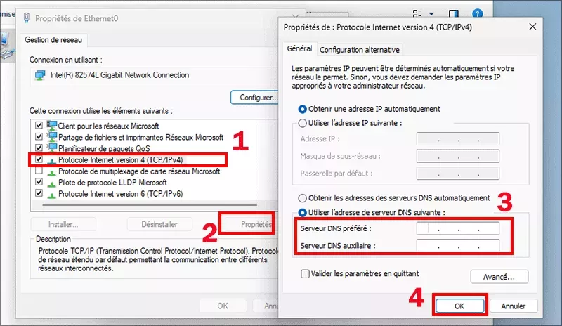 changer dns adresse