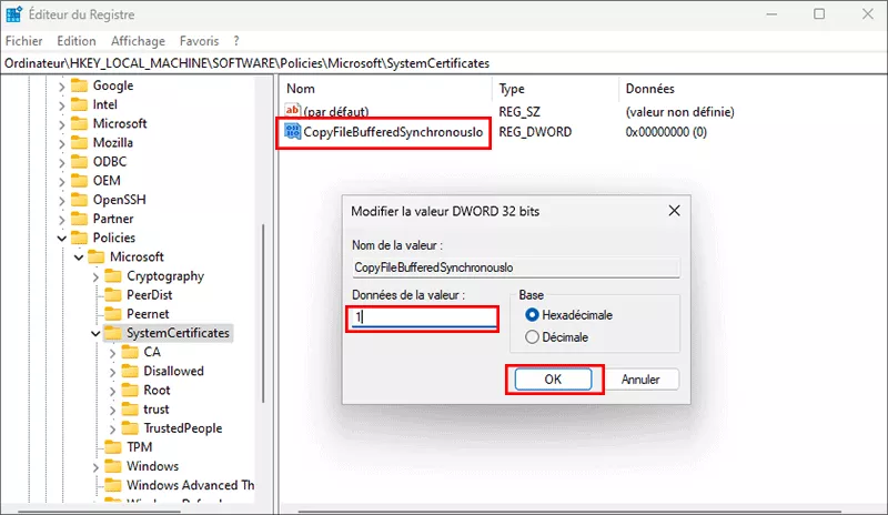 changer la valeur des données en 1
