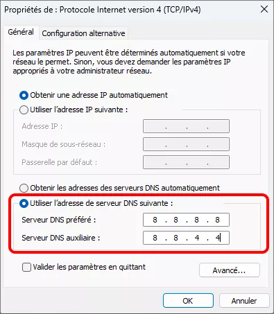 changer l'adresse du serveur dns