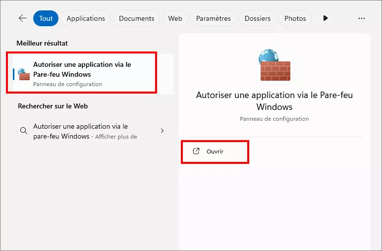 choisir autoriser une application via le pare feu windows