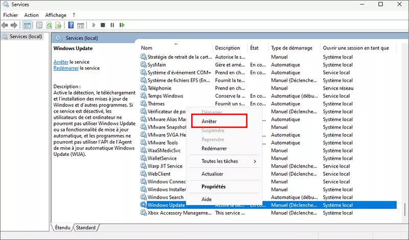 clic stop pour windows update service