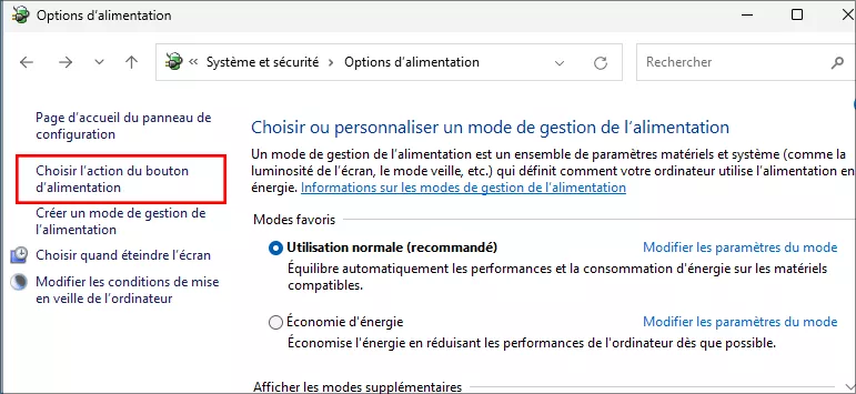 cliquez choisissez ce que fait le bouton d'alimentation