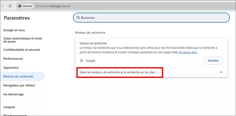cliquez gérer les moteurs de recherche et la recherche de site