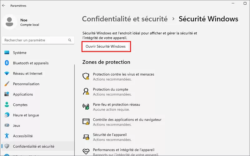 cliquez ouvrir windows sécurité