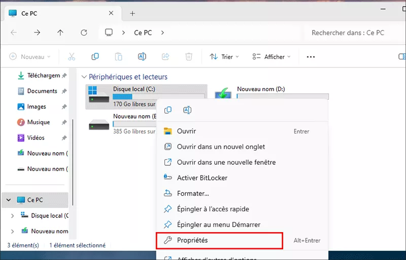 cliquez propriétés pour local c
