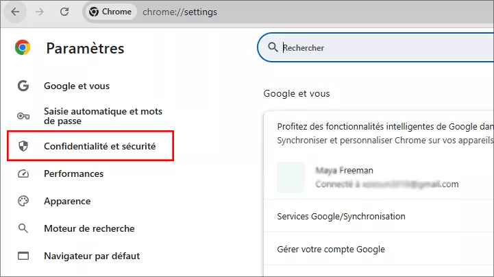 cliquez sécurité et confidentialité