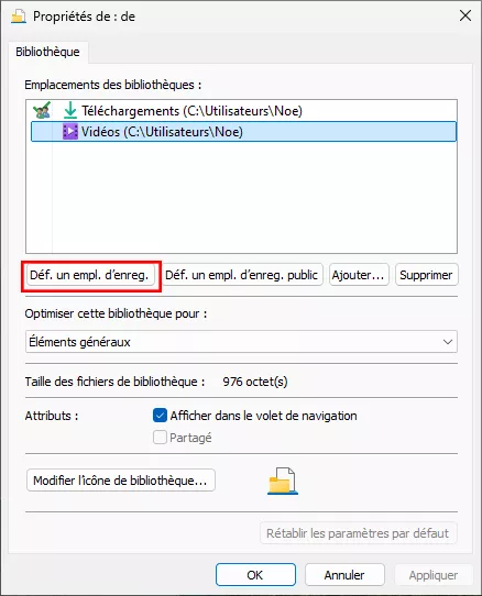cliquez sur définir l'emplacement de sauvegarde