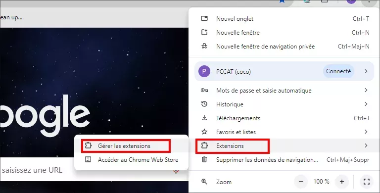 cliquez sur gérer l'extension