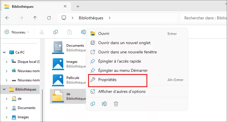 cliquez sur les propriétés de votre bibliothèque