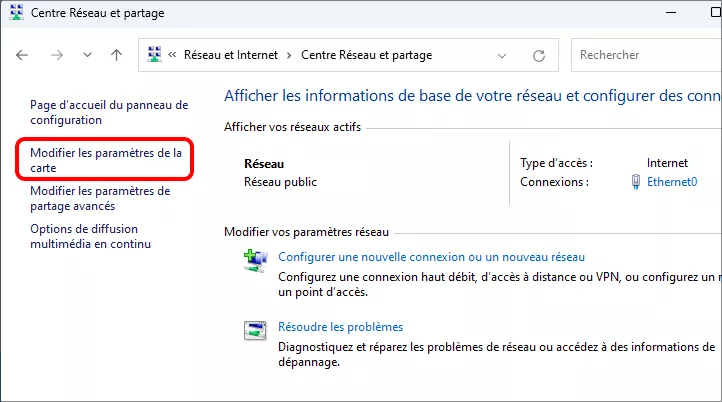 cliquez sur modifier les paramètres de l'adaptateur