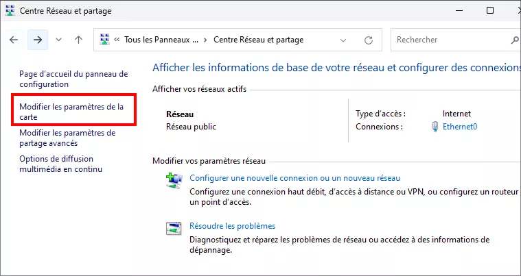 cliquez sur modifier les paramètres de l'adaptateur