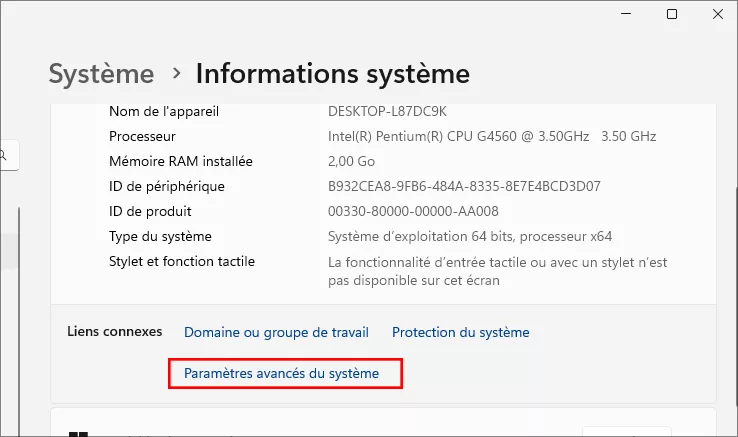 cliquez sur paramètres système avancés