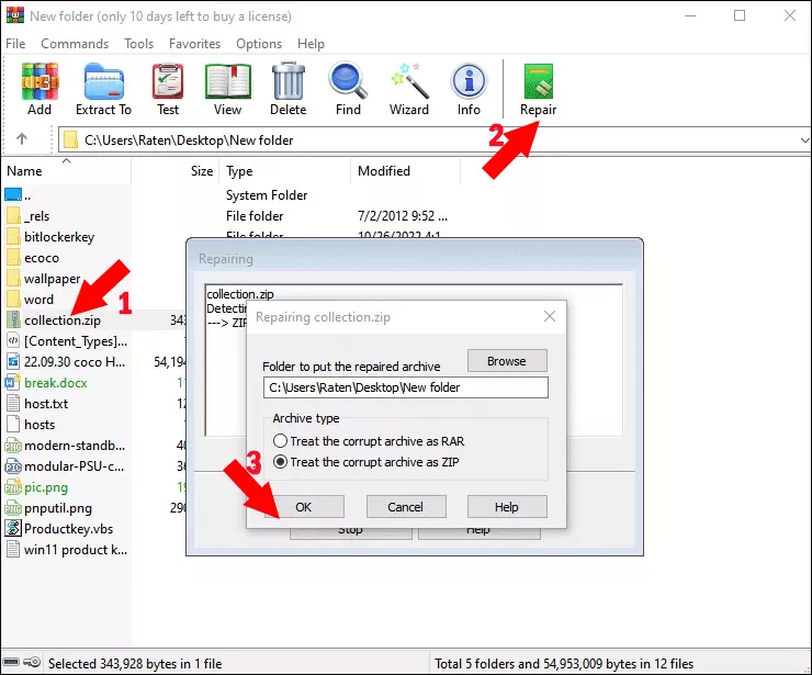 cliquez sur réparation