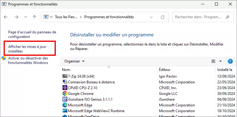 cliquez sur voir les mises à jour installées