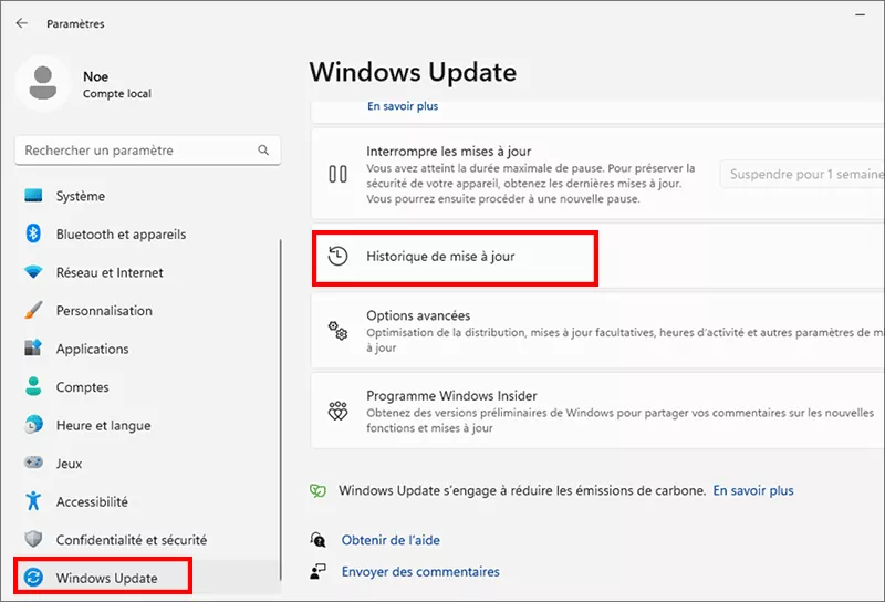 cliquez sur voir l'historique des mises à jour