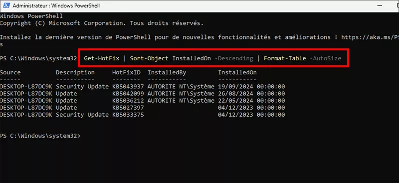 commande de base pour afficher les mises à jour