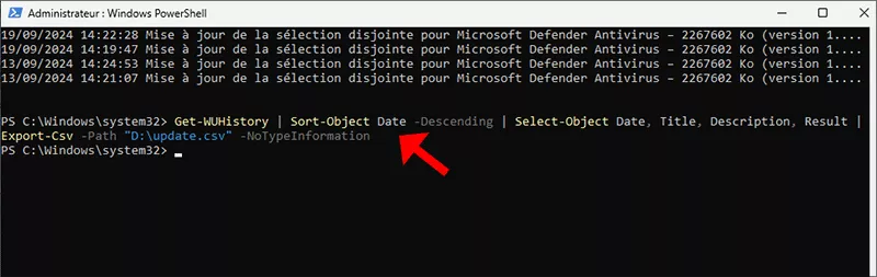 commande d'exportation de l'historique de mise à jour