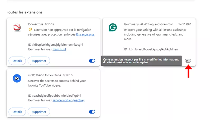 désactiver l'extension