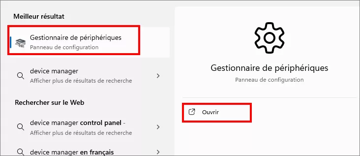 gestionnaire de périphériques ouvert