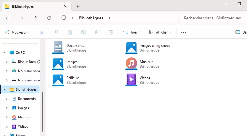 les bibliothèques sont affichées dans l'explorateur windows