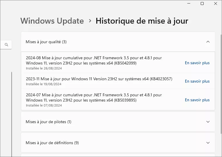 l'historique des mises à jour est affiché