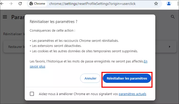 liquez sur réinitialiser les paramètres à l'invite
