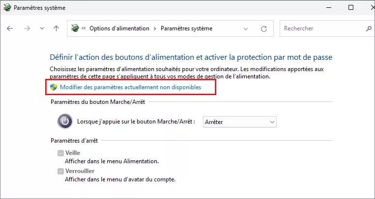 modifier les paramètres qui ne sont actuellement pas disponibles
