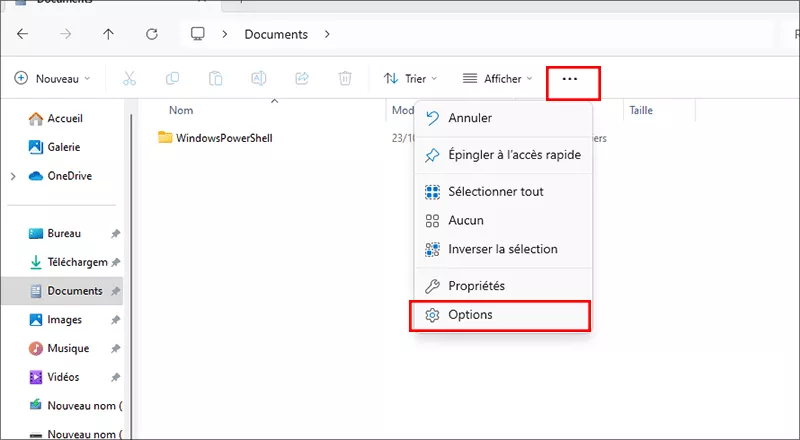 options de dossier ouvert