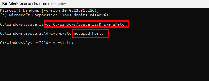 ouvrir le fichier hôte via cmd