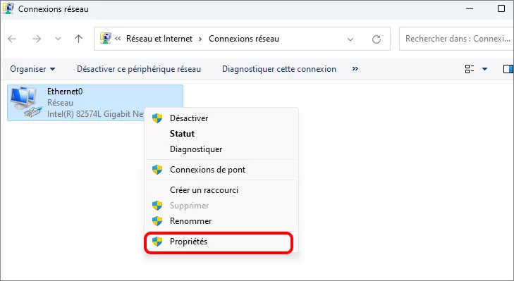 propriétés de clic pour l'adaptateur réseau