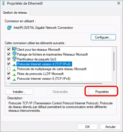 propriétés de clic pour le protocole internet