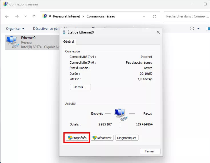 propriétés de clic pour votre réseau