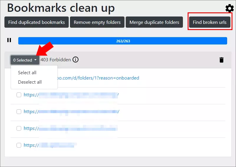 trouver l'url cassé le résultat et sélectionner tout