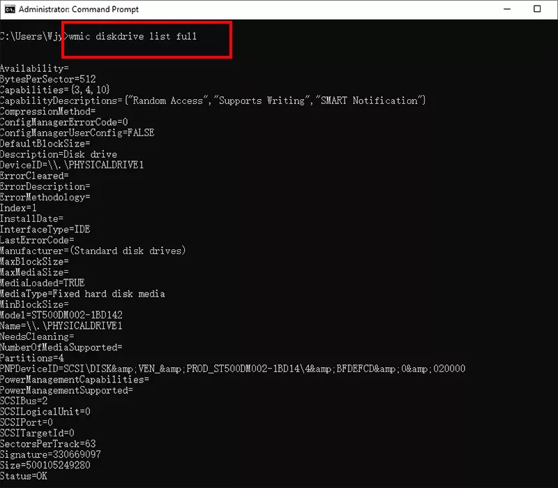 vérifier les spécifications du disque dur via cmd