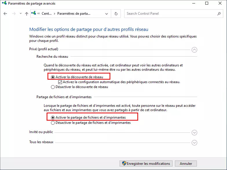 activer la découverte du réseau et le partage de fichiers et d'imprimantes