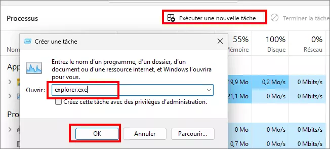 ajouter explorer exe en tant que nouvelle tâche