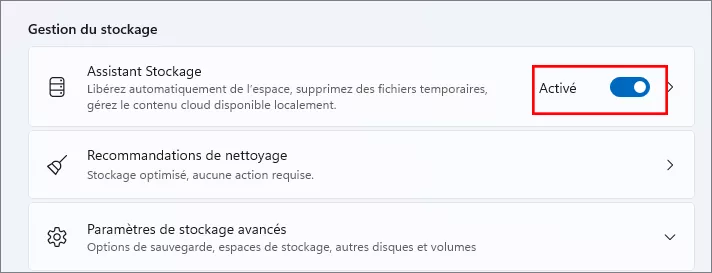 assistant de stockage activé