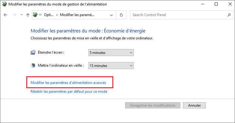 cliquez changer paramètre de puissance avancé