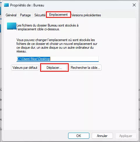 cliquez déplacez sous l'onglet emplacement