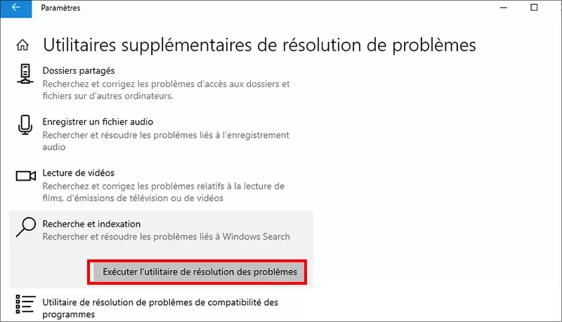cliquez exécutez le bouton de dépannage
