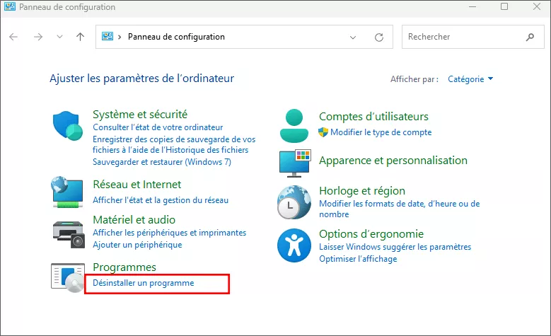 cliquez sur désinstaller un programme
