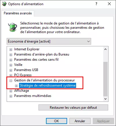 cliquez sur la politique de refroidissement du système