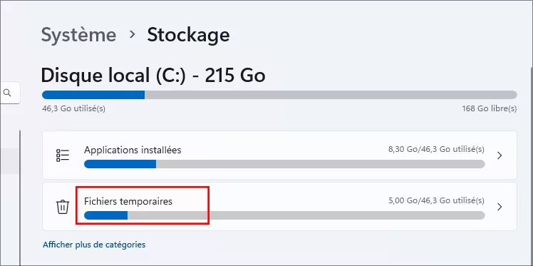 cliquez sur les fichiers temporaires
