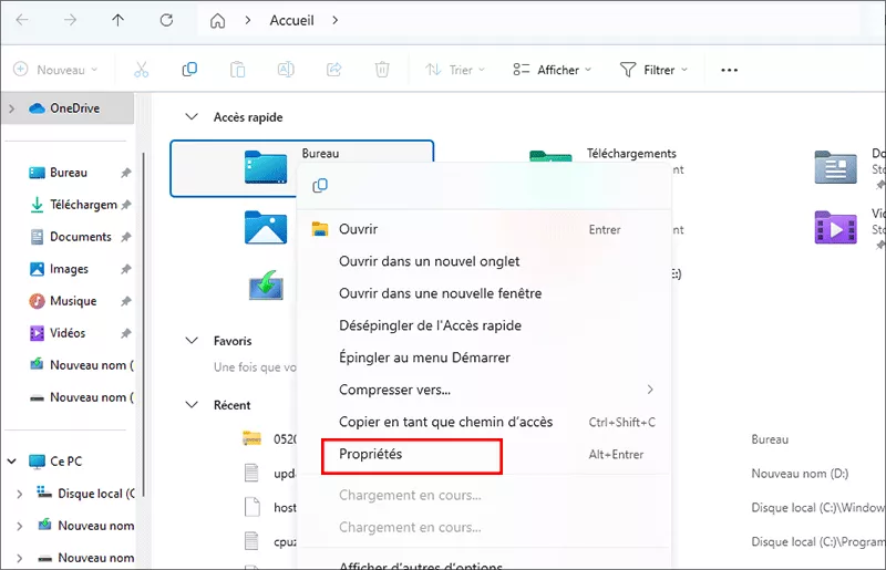 cliquez sur les propriétés du dossier du bureau