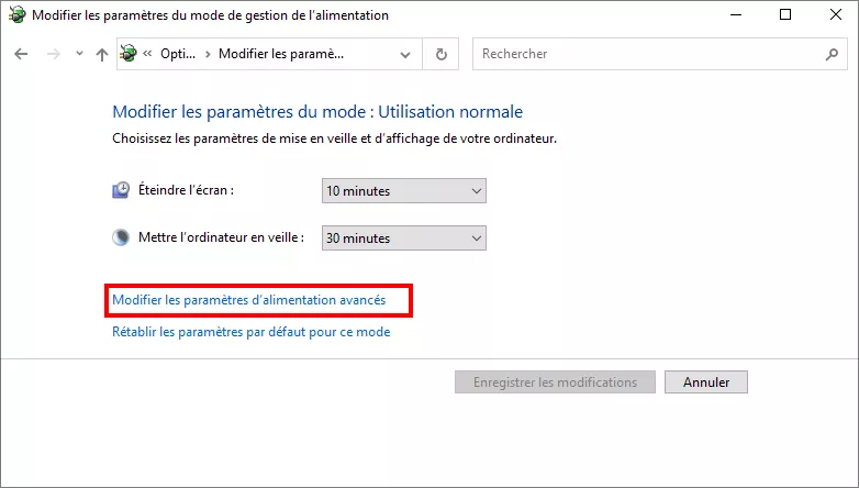 cliquez sur modifier les paramètres d'alimentation avancés