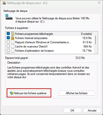 cliquez sur nettoyer les fichiers système