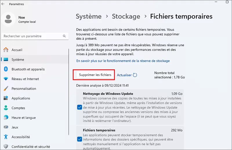 cliquez sur supprimer des fichiers